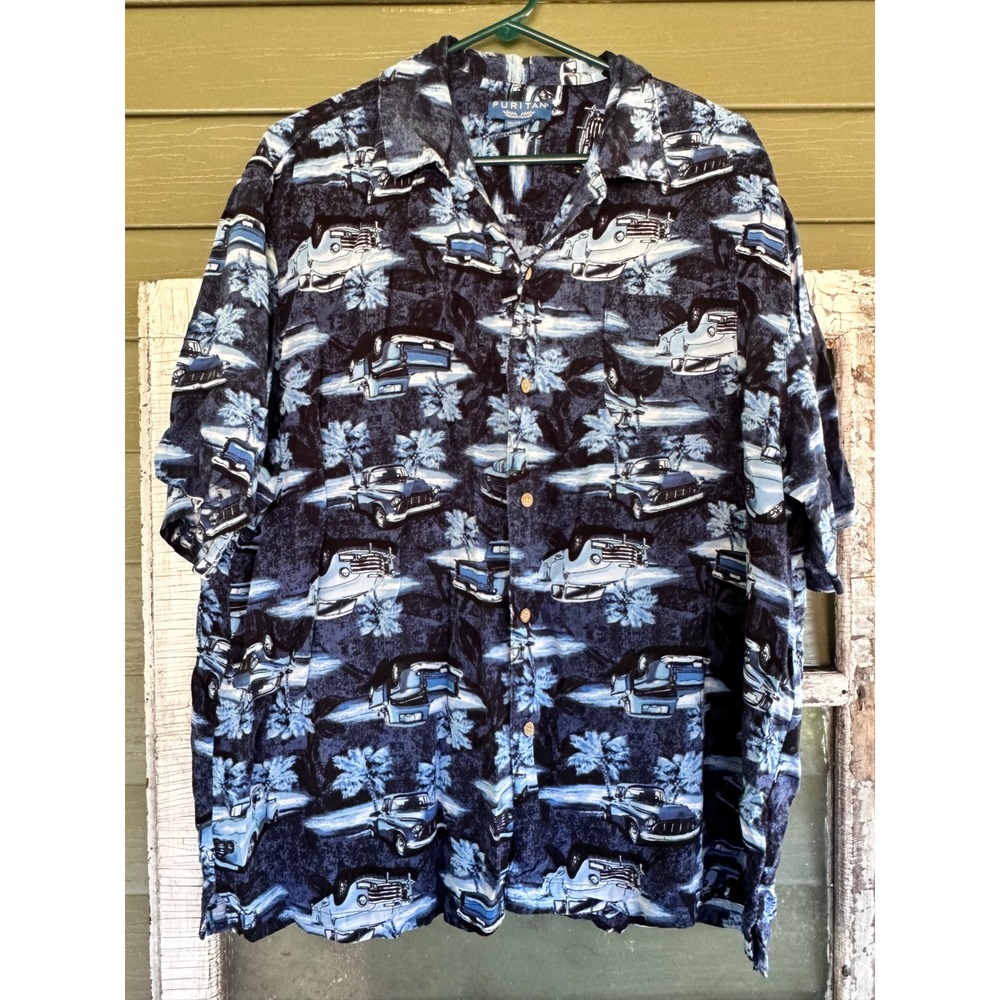 Puritan Mens XL Vintage Truck Palm Tree Print Rayon Short Sleeve Button Up Shirt